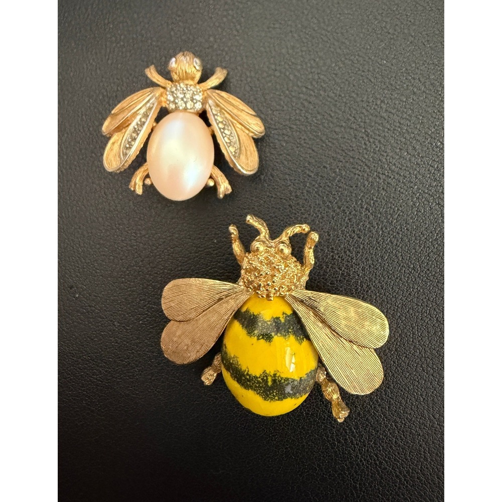 Vintage Bumble Bee Brooch Pin Set Gold Tone Faux Pearl Rhinestone 2pc
